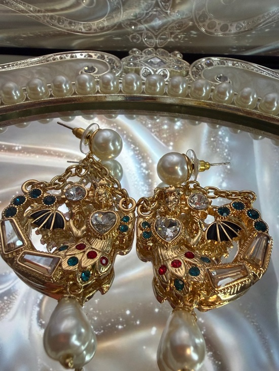 Kenneth Jay Lane Jewelry - Gold-tone Pearl Drop Mermaid Shape Statement Earrings with Multicolor Accents